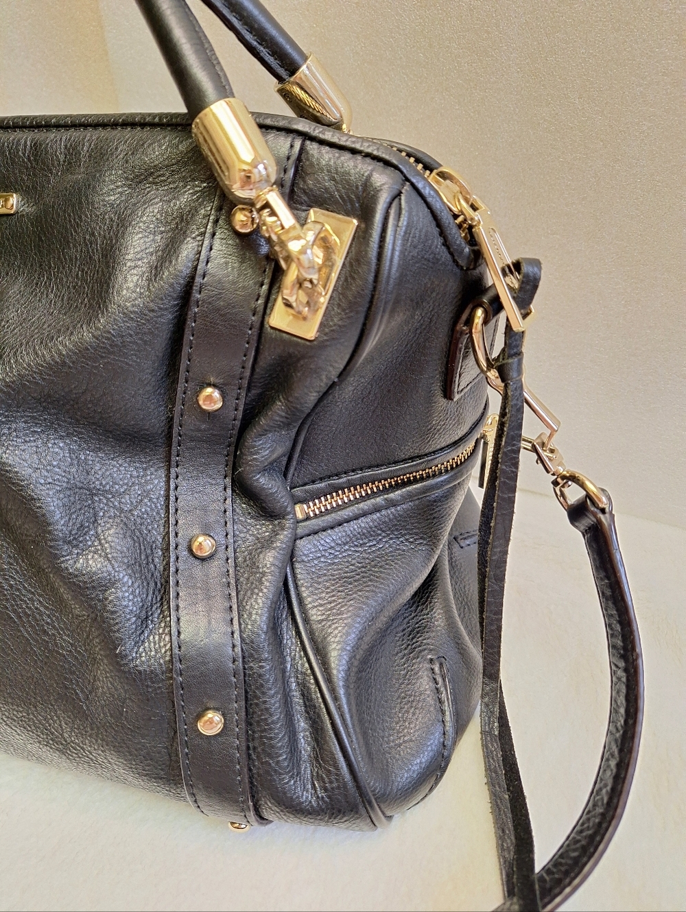 Rebecca Minkoff Cupid Satchel Black Pebbled Leather Gold Studded Bag VGUC - Picture 4 of 15